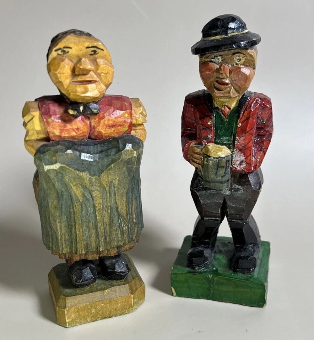 Folk Art Hand‑Carved Figurines • Female Chef /Cook & English Pub Gentleman • VTG